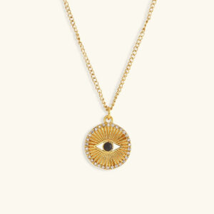 18K gold evil eye necklace with crystal pendant, gold curb chain, sunburst design, front flat lay view on off-white background