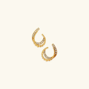18K gold crescent hoop earrings with crystal rhinestones, double-layer beaded design, flat lay on light background