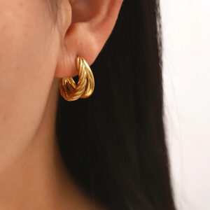 18K gold layered hoop earrings worn on ear side close-up view model