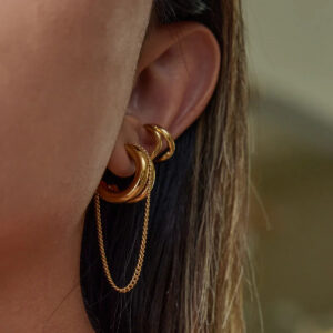 18K gold chain hoop earrings worn on female model ear close-up side view showing layered drop chain detail with brown hair background