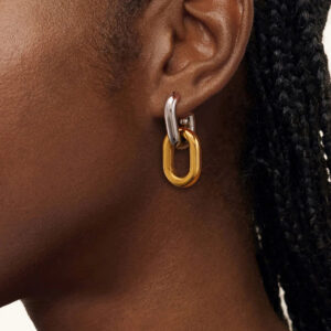 Two-tone drop earring worn on ear close-up side view showing silver hoop and gold oval charm detail on model