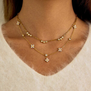 layered 18k gold clover necklaces worn on model close-up neck view with cz diamond charms