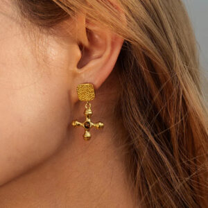 18K gold cross drop earrings worn on ear close-up shot showing vintage cross pendant design and fit on blonde model