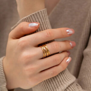 18K Gold Open Cuff Ring Worn on Hand – Close-up Side View, Adjustable Ring Fit on Middle Finger