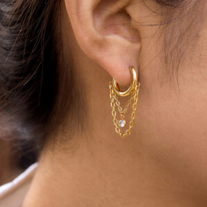 18K gold chain drop hoop earrings close-up side view worn on ear showing layered chain design and fit