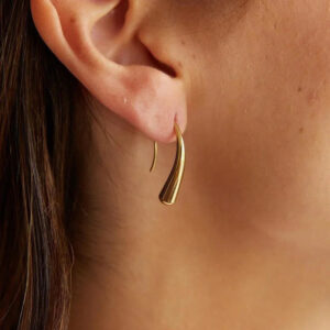18K gold teardrop earrings worn on female model's ear, close-up side view showcasing elegant fit