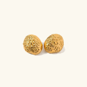 18K gold hammered dome earrings with embossed floral texture front view on plain background