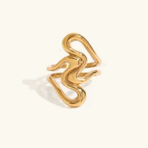 18K gold abstract open ring front view, polished sculptural design with flowing curved lines on plain background