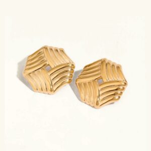 18K gold hexagon stud earrings with woven criss-cut ribbed texture, flat lay product photography on white background, yellow gold finish