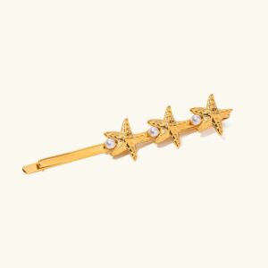 18K gold starfish freshwater pearl French bobby pin flat lay product view polished gold finish three starfish charms with pearl accents