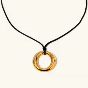 18K gold minimalist ring pendant necklace front view on white background, polished hollow gold circle charm with black wax cord