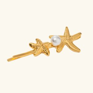18K gold twin starfish freshwater pearl hair pin front flat lay view neutral background