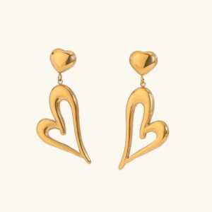 18K gold heart drop earrings front flat lay view on plain background, hollow heart pendant design with polished gold finish