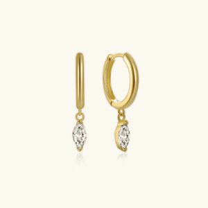 18K gold marquise diamond hoop earrings front view on white background showcasing elegant minimalist design with sparkling cubic zirconia stones