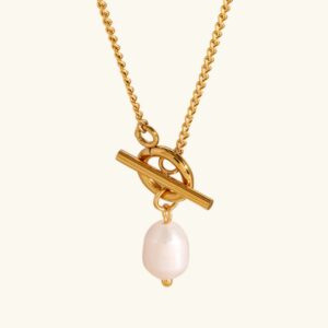 18K gold freshwater pearl necklace with toggle clasp baroque pearl pendant front view product shot