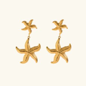 18K gold starfish drop earrings front view double earrings textured pendants neutral background