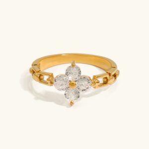 18K Gold Four-Leaf Clover Cubic Zirconia Ring - Four Petal Design Front View