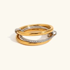 18K gold diamond stack ring set mixed metal - front view flat lay, dual-tone stacked design with pavé diamonds