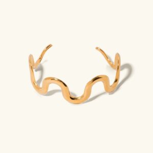 18K gold twisted wave open cuff bangle flat lay top view polished finish