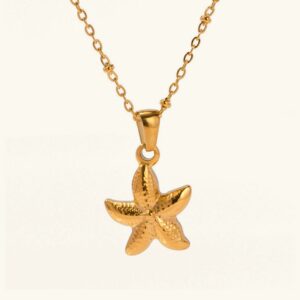 18K gold starfish pendant necklace front view with textured 3D design on plain background
