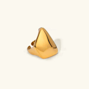 18K gold geometric open ring front flat lay view with polished finish and irregular design