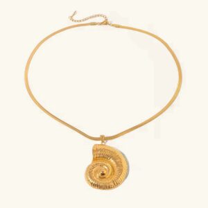 18K gold nautilus shell pendant necklace flat lay front view on white background - polished gold tone spiral shell charm with delicate snake chain