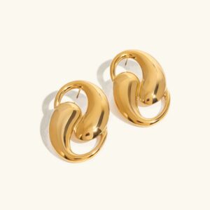 18K gold water drop interlocking hoop earrings flat lay on neutral background showing polished glossy finish and elegant teardrop design