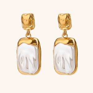 18K gold baroque pearl drop earrings with textured gold studs and irregular freshwater pearl frontal view on neutral background