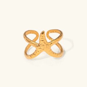 18K gold starfish open ring with hammered texture, dual cross band adjustable design, front flat view on plain background