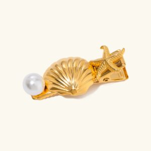 18K gold seashell starfish hair clip with freshwater pearl accent, polished gold finish on plain white background, side flat lay view