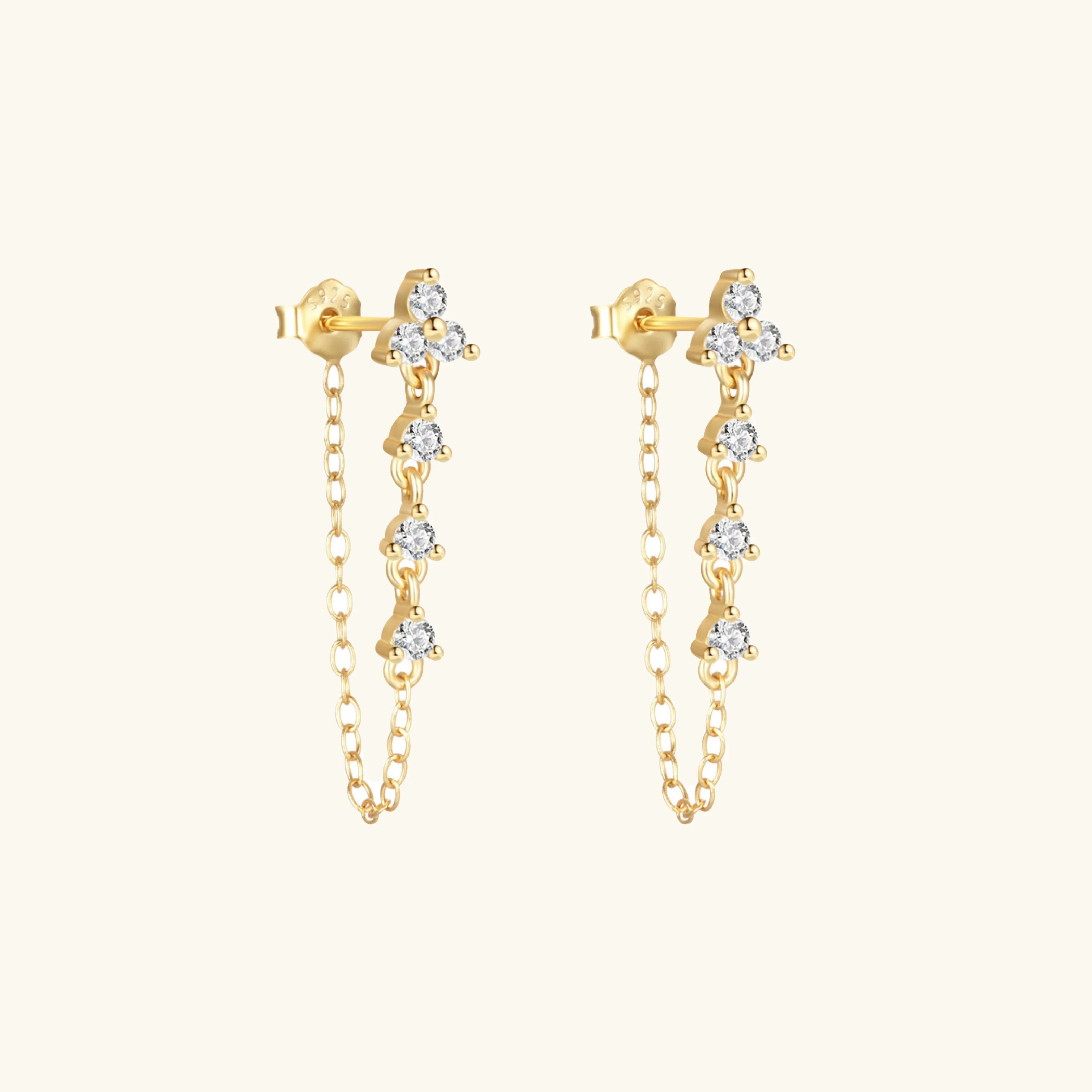 18K gold diamond chain stud earrings with teardrop cubic zirconia stones front view on plain background