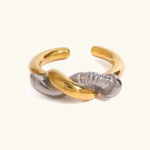 18K gold twisted nail open ring two-tone front oblique view flat lay, polished smooth finish with twisted knot detail