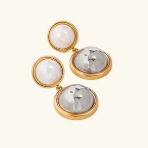 18K gold pearl dome drop earrings flat lay - luxury freshwater pearl and silver dome charm jewelry on plain background