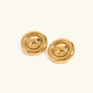 18K gold button stud earrings polished dome flat lay product view premium jewelry