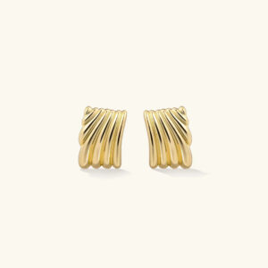 18K gold twisted ribbed stud earrings flat lay front view polished finish