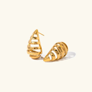 18K gold hollow teardrop stud earrings side view on plain background showcasing polished gold finish and striped cutout design