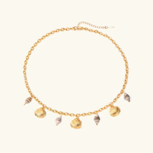 18K gold seashell charm necklace flat lay with twisted gold chain and mixed shell pendants on plain background
