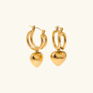 18K gold double hoop heart drop earrings front flat lay view polished shiny finish