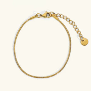18K gold snake chain bracelet flat lay front view with adjustable extension chain and lobster clasp