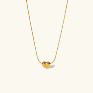 18K gold heart pendant necklace with twisted fine chain on plain background, front view showing polished 3D heart charm