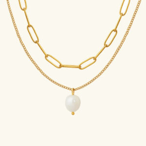 18K gold layered freshwater pearl necklace with paperclip chain and pendant, flat lay on white background