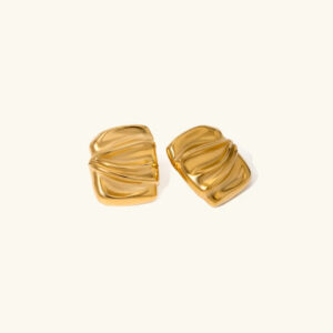 18K gold textured stud earrings with twisted-fold square design, flat lay front view showing intricate ridged pattern and polished gold finish
