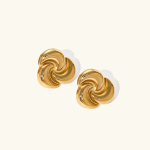 18K gold twisted petal stud earrings flat lay top-down view showing polished swirling knot design on off-white background