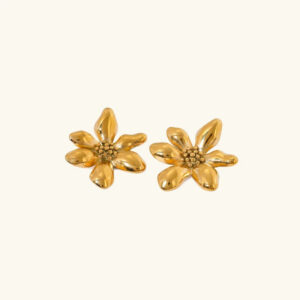 18K gold flower stud earrings with five-petal botanical design, polished golden finish on neutral beige background, top-down view