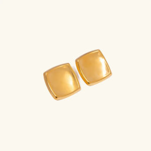 18K gold square stud earrings polished flat lay top view studio background