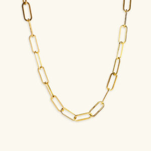 18K gold paperclip chain necklace flat lay overhead view showing rectangular geometric link design and polished finish