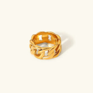 18K gold Cuban link chain ring top view flat lay polished bright finish luxury band