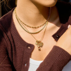 Layered 18K gold necklaces worn on model close-up neck view multiple charm pendant styling inspiration