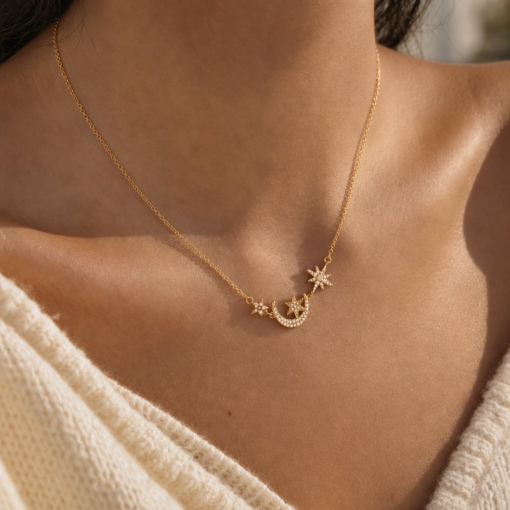 18K gold moon and stars pendant necklace on-body styling showing crescent moon with star accents worn on model neckline