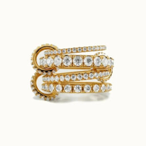 18k gold stacked diamond ring multi-layer pavé design flat lay front view luxury ring on white background